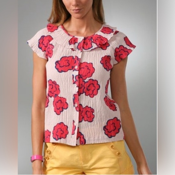Marc Jacobs Tops - Marc Jacobs Ruffle Collar Floral Blouse | Size 8 | Button Front Short Sleeve Top